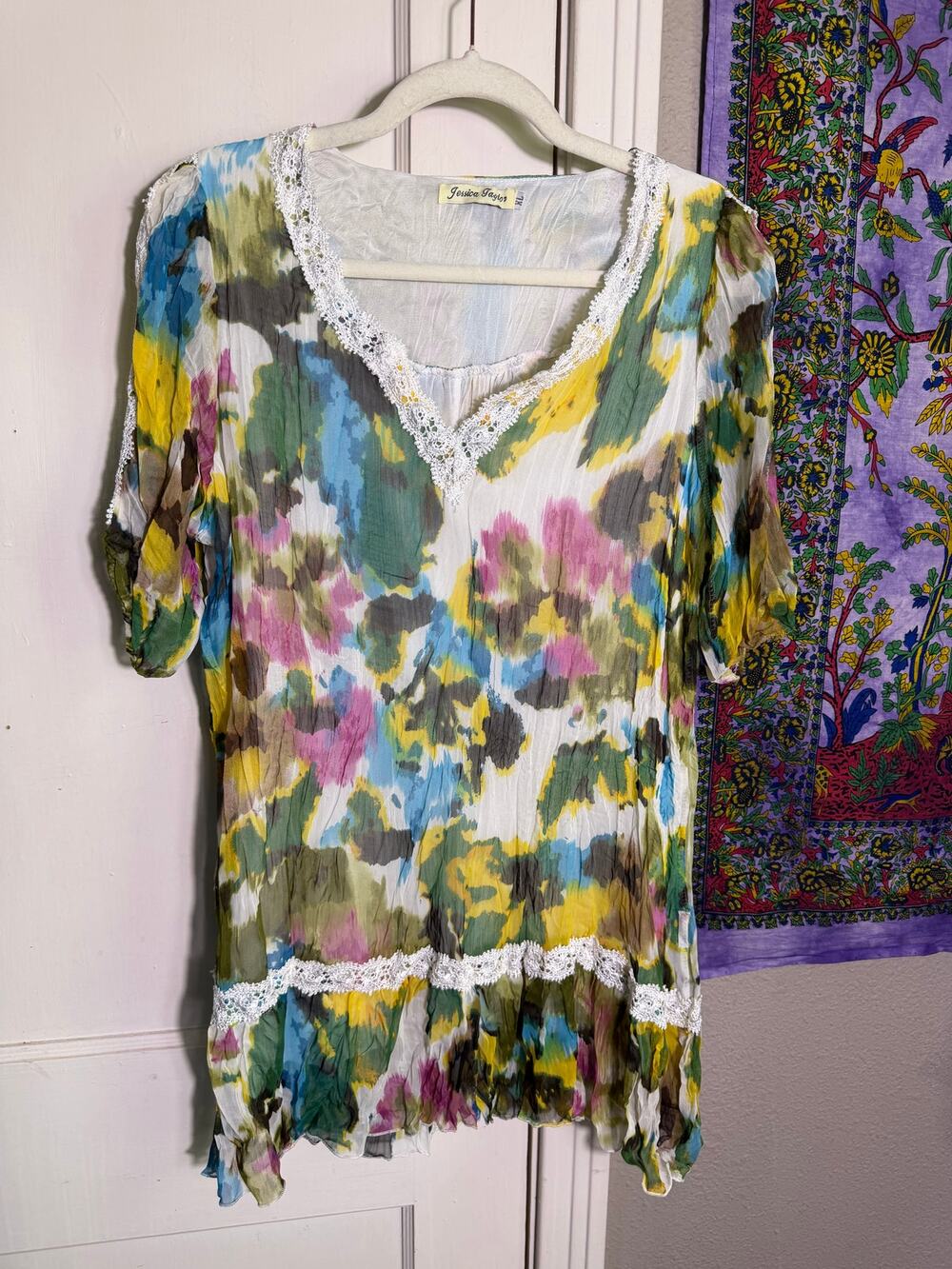 Jessica Taylor Womens Floral Boho Tunic Top Lace Trim Sheer Crinkle Blouse Large